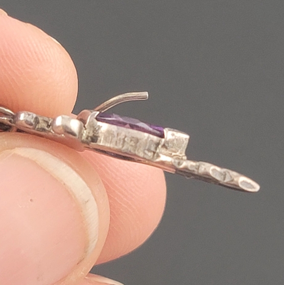 Antique Silver Dangle Earrings Marquise-cut Purple Amethyst Marked - Picture 11 of 17